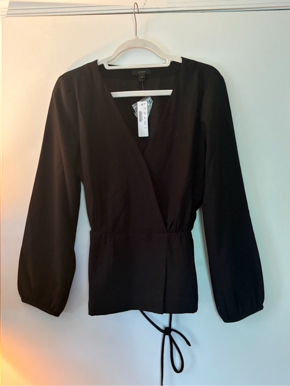 J. Crew Black Faux Wrap-Front Blouse with Waist Tie